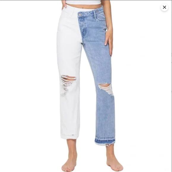 VERVET Norah Crossover Fly Colorblock Jeans 27 High Rise Straight Two Tone NWT - Picture 2 of 12